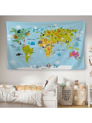 Eğitici Dünya Haritası Dünya Atlası Çocuk ve Bebek Odası Duvar Örtüsü-Halısı 3830