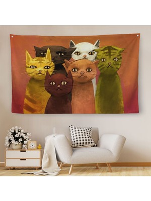 Duvar Örtüsü Renkli Sevimli Kediler Kaliteli Kanvas Duvar HALISI-3991