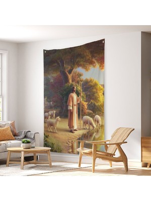 Kuzularla Göl Kenarında Duran Isa Mesih, Hristiyan Kilise Hediyesi Duvar Örtüsü - HALISI-5272