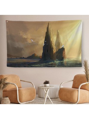 Kayaların Üzerinden Okyanusu Izleyen Beyaz Pelerinli Kadın Kanvas Duvar ÖRTÜSÜ-HALISI-5091