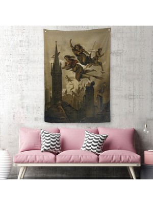 Süpürgelerindeki Cadılar Evlerinin Çatılarının Üzerinden Uçuyor Duvar Örtüsü - HALISI-6118