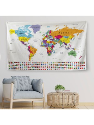 Ülke Bayraklı Eğitici Başkent Detaylı Atlası Dünya Haritası Duvar Örtüsü-Halısı 3848