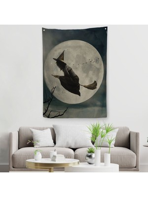 Süpürge Ile Uçan Cadı, Cadılar Bayramı Helloven Duvar Örtüsü-Halısı -6481