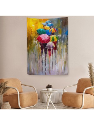 Renkli Şemsiyeler Yağlıboya Görünüm Dekoratif Duvar Örtüsü - Halısı -5932