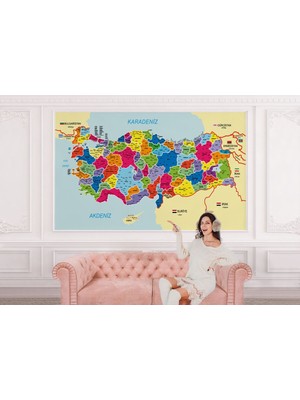 Türkiye Haritası Il ve Ilçeli Ayrıntılı Eğitici Komşulu Duvar Kağıdı 3005