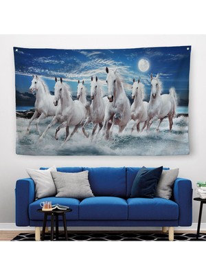 Sahildeki Koşan Beyaz Atlar Duvar ÖRTÜSÜ-HALISI-6580