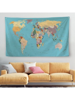 Dekoratif Kanvas Duvar Örtüsü-Halısı Dünya Haritası Mavi Zemin 1032