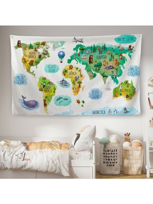 Eğitici Dünya Haritası Dünya Atlası Çocuk ve Bebek Odası Duvar Örtüsü-Halısı 3807
