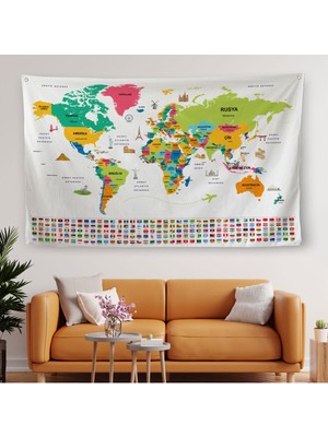 Duvar Örtüsü / Halısı Bayrak Detaylı Türkçe Güncel Dünya Haritası -3967