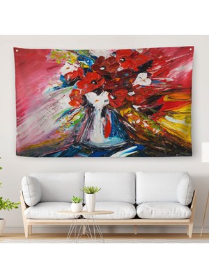 Vazo Içindeki Çiçekler Yağlıboya Görünüm Dekoratif Duvar ÖRTÜSÜ-HALISI-6520