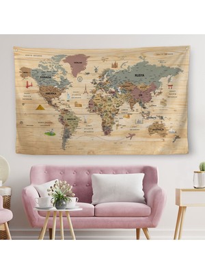 Ahşap Görünümlü Türkçe Eğitici Detaylı Atlası Dekoratif Dünya Haritası Duvar Örtüsü-Halısı 3844