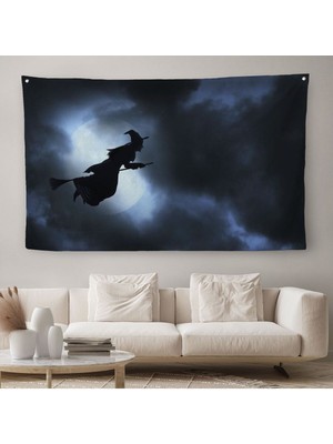 Süpürgede Uçan Cadı, Cadılar Bayramı Dekoratif Duvar ÖRTÜSÜ-HALISI-5202