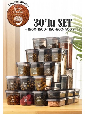 Vienev 30LU Peggy Dikdörtgen Saklama Kutusu Seti 6x(1,9 1,5 1,15 0,8 0,4 Litre) Serigrafi Etiketli Çok Amaçlı Depolama Çözümü