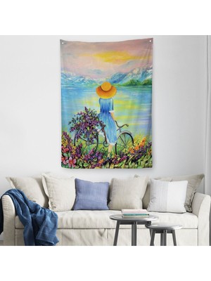 Göl Kenarındaki Bisikletli Kız Dekoratif Duvar Örtüsü - HALISI-6135