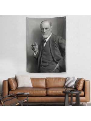 Sigmund Freud Elinde Puro ile Siyah Beyaz Fotoğrafı Duvar Örtüsü - HALISI-5238