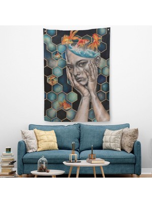 Gerçeküstü Kadın ve Balık Kanvas Duvar Sanatı, Yeni Nesil Duvar Örtüsü - HALISI-5230