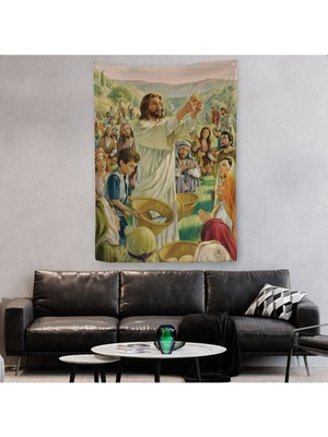 Rab Isa Binlerce Kişiyi Birkaç Ekmek ve Balıkla Doyuruyor Duvar Örtüsü-Halısı Jesus Christ -6386