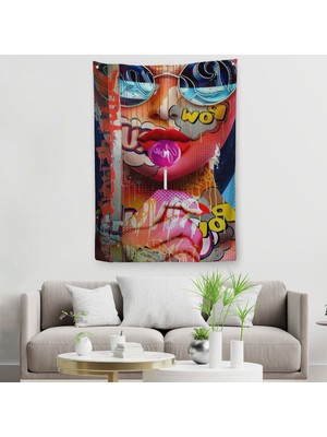 Pop Art Sokak Sanatı Renkli Kadın Dekoratif Duvar Örtüsü - HALISI-6107