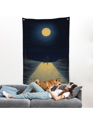 Ay Işığına Yürüyen Kedi ve Dostu Duvar ÖRTÜSÜ-7504