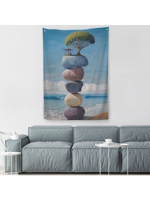Sahilde Renkli Denge Taşları Duvar Örtüsü - Halısı, Terapi, Meditasyon, Yoga BASKISI-5322