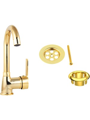 FKN Altın Delta Lavabo Bataryası Su Taşma Yüzüğü ve Lavabo Süzgeci Takımı