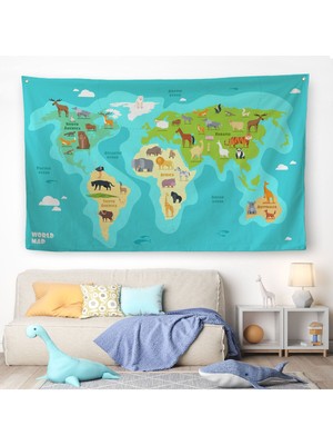 Eğitici Dünya Haritası Dünya Atlası Çocuk ve Bebek Odası Duvar Örtüsü-Halısı 3784