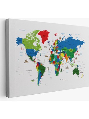 Pamuk's Design Ünlü Yerler Sembollü Kanvas Dünya Haritası 1002