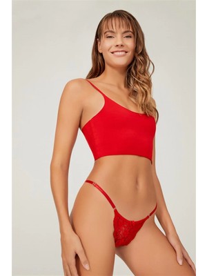 Cottonhill Cotonhill Önü Dantelli Tül Detaylı Kadın Tanga Külot -Kırmızı