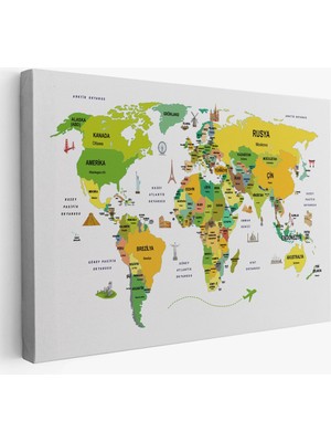 Pamuk's Design Türkçe Dünya Haritası Dekoratif Kanvas Tablo Ülke-Başkentli Öğretici ve Sembollü 2324