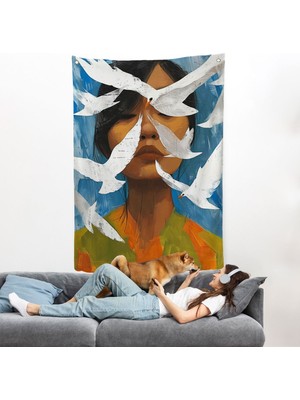 Pamuk's Design Beyaz Kuşlar ve Asyalı Kadın Duvar ÖRTÜSÜ-7630