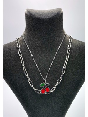 Kiraz  Figürlü Lüks Ikili Gümüş Renk Kolye