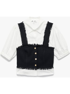 Slim Fit Kısa Balon Kollu Düğmeli Gömlek Yaka Tüvit Dokulu Crop Bluz