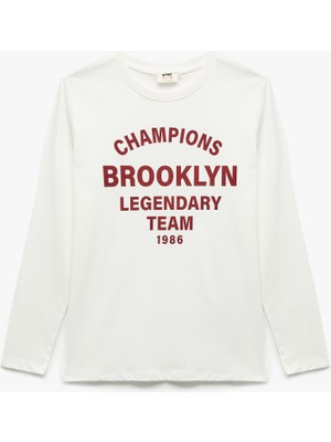 Pamuklu Bisiklet Yaka Uzun Kollu Baskılı Tişört