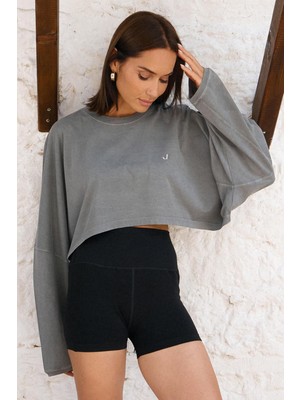 Aura Crop Long Sleeve T-Shirt Gri