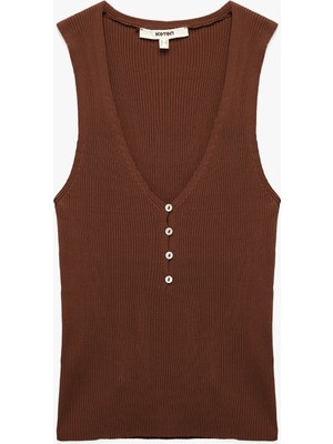 Düğmeli Derin V Yaka Kolsuz Triko Atlet