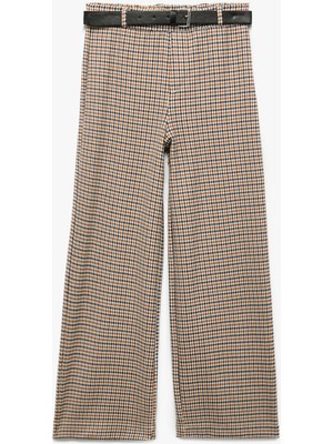 Kemer Detaylı Ekoseli Geniş Paça Pantolon