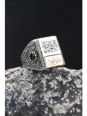 Kalem Işçilikli Kelime-I Tevhid ve Hasbiyallah Yazılı 925 Ayar Gümüş Yüzük 902079