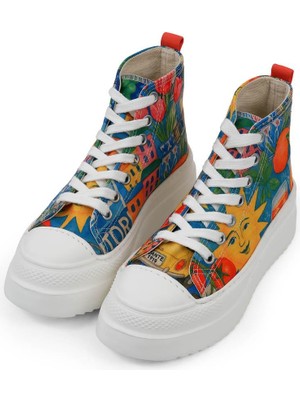Kadın Vegan Çok Renkli Kalın Taban High Sneakers - Summer Of Santorini Tasarım