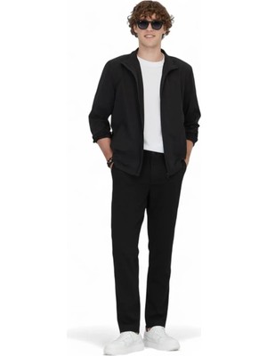 Siyah Regular Fit Dik Yaka Casual Dokuma Mont