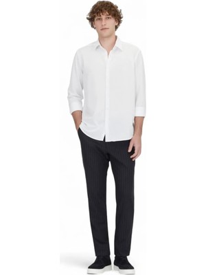 Beyaz Çizgili Regular Fit Casual Pamuk Karışımlı Gömlek