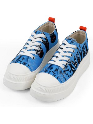 Kadın Vegan Mavi Kalın Taban Sneakers - Line Of Rabbits Tasarım