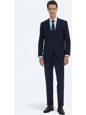 Lacivert Çizgili Modern Fit Yün Karışımlı Takım Elbise