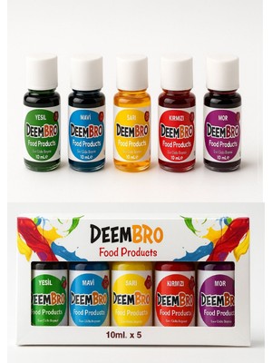 Deembro Sıvı Gıda Boyası Seti 5'li 5 Renk  10 ml x 5'li Su Bazlı Likit Gıda Boyaları Set 1