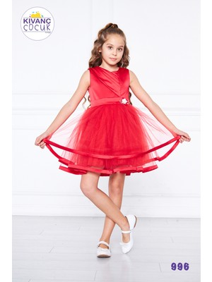 Kız Çocuk Drapeli Saten ve Tüllü Abiye Elbise