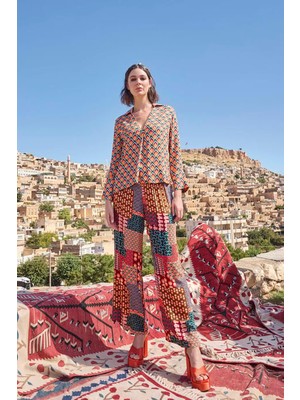 Monamise Etnik Desenli Saten Alt Üst Takım