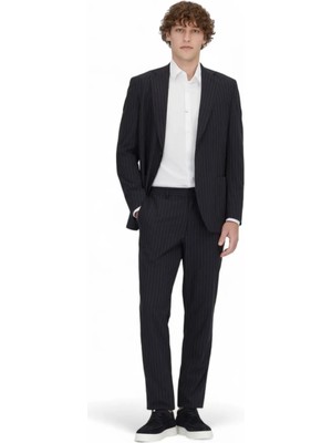 Lacivert Çizgili Modern Fit Örme Takım Elbise