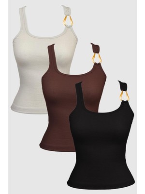 Cottonhill Kadın Pamuklu Kalın Askılı Fitilli Atlet 3'lü Paket Toka Detaylı Konforlu Tasarım