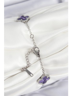 316L Çelik Sedefli Mor Gümüş Renk Yonca Kadın Bileklik - Bamido