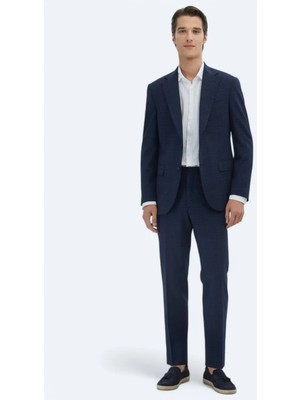 Lacivert Kareli Modern Fit Yün Karışımlı Takım Elbise