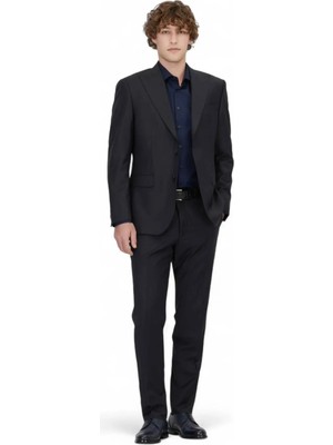 Lacivert Çizgili Modern Fit Yün Karışımlı Takım Elbise